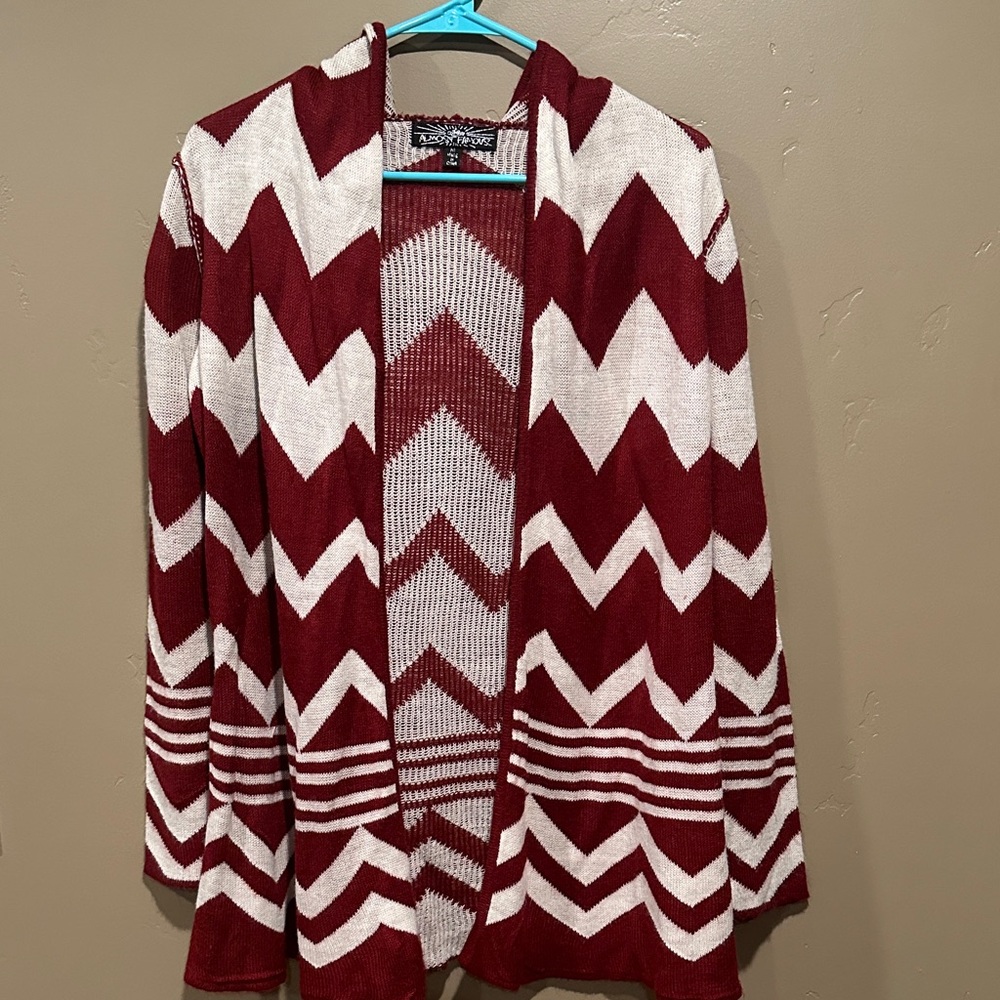 Almost Famous Red and White Chevron Cardigan